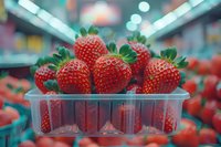 Fresh ripe strawberries in plastic container at grocery store produce section with soft bokeh lights and blurred background creating depth of field effect.