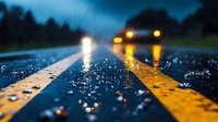Wet asphalt road with yellow dividing lines during rain at night, car headlights reflecting on wet surface creating atmospheric moody scene with bokeh water drops.