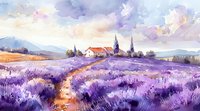 Dreamy watercolor landscape with blooming lavender fields, winding path, and distant village church spires under soft pastel sky with rolling hills and mountains.