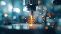 Sparks fly from industrial metal cutting machine with glowing orange particles against blurred blue background, dramatic lighting creates atmospheric manufacturing scene.