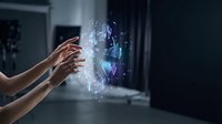 Hand reaching toward glowing digital interface with holographic data visualization and circuit patterns, representing technology interaction, innovation, and futuristic computing solutions.