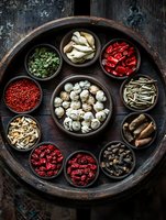 Fresh mushrooms and dried spices in rustic ceramic bowls arranged on dark wooden tray, overhead view showing variety of colorful ingredients for Asian cuisine.