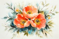 Delicate coral poppies in watercolor style with soft green foliage and blue accents on light background, floral arrangement showing gentle brush strokes and natural flow.