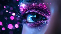 Mesmerizing close-up of eye with vibrant pink and purple glitter makeup, dramatic lashes against dark background with glowing bokeh lights and sparkles.