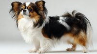 Adorable tricolor Papillon dog with fluffy coat standing in profile pose on white background, perfect for pet care marketing and canine breed materials.