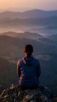 Woman sitting on rocky outcrop overlooking misty mountain valley at sunrise, wearing blue jacket, contemplating scenic landscape with layered hills and fog below.
