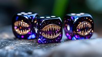 Purple translucent dice with golden monster teeth design glowing in dramatic lighting on stone surface, creating mystical gaming atmosphere for tabletop adventures.