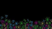 Colorful neon floral border on black background with glowing outline flowers and leaves for modern design projects and digital artwork.