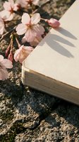 Open book with delicate pink cherry blossoms on textured ground in warm sunlight creating peaceful reading atmosphere for spring literature concepts.