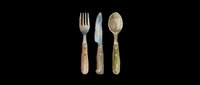 Watercolor cutlery set with fork, knife, and spoon isolated on transparent background, ready for t-shirt design, stickers, clipart, and print on demand projects.