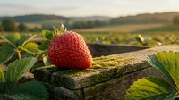 Fresh ripe strawberry on wooden surface in agricultural field during golden hour sunset with green leaves and farming landscape background.