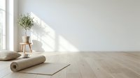 Minimalist yoga studio interior with exercise mat, wooden stool and plant creating peaceful meditation space for wellness and fitness practice.