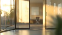 Modern office entrance with glass doors reflecting warm sunset light, creating atmospheric blur and bokeh effect in minimalist corporate interior space.