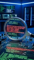 Cybersecurity threat detection with magnifying glass revealing malicious code on computer circuit board in modern data center server room environment.
