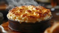 Hot baked mac and cheese casserole with golden melted cheese crust steaming in cast iron skillet, comfort food ready to serve for family dinner.