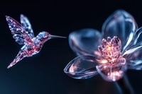 Glowing crystal hummingbird approaches luminescent flower in dark background, magical nature scene with pink and blue ethereal light effects.