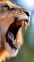 Close-up of roaring lioness showing sharp canine teeth and open mouth in dramatic sunlight. Powerful wild cat displaying aggressive behavior and natural instincts.