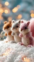 Handcrafted knitted squirrels in brown, gray, and pink arranged in snow with soft bokeh lights creating festive winter atmosphere.