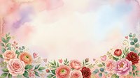 Watercolor floral border with pink and red roses, green foliage, and soft pastel sky background. Isolated design element suitable for wedding invitations, greeting cards, and decorative projects.