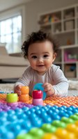 Mixed race baby with curly hair playing with colorful developmental toys on textured mat. Smiling infant in white onesie exploring sensory toys at home.