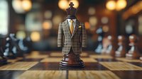 Chess king piece wearing business suit and tie on chessboard with blurred pieces and bokeh lights in background, representing leadership and strategy in business.