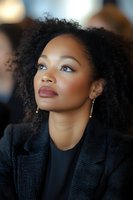 Professional African American businesswoman with curly hair looking up thoughtfully in modern office environment for corporate presentations and career content.