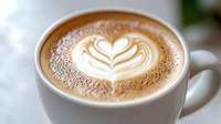 Creamy latte art in white ceramic cup shows heart-shaped rosetta pattern with delicate foam design against rich espresso background, sprinkled with cocoa powder.