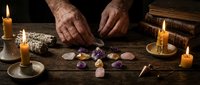 Fortune teller hands over tarot cards and crystals on wooden table with candles. Mystical divination session with gemstones for spiritual guidance reading.