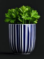 Fresh parsley leaves in striped blue and white ceramic pot against dark background, minimalist kitchen decor composition for modern interior styling.