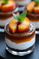 Layered dessert with fresh peach slice and mint garnish atop creamy panna cotta and chocolate base, drizzled with caramel sauce. Elegant presentation in glass.