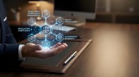 Professional businessman presenting digital compliance and governance icons floating above hand in modern office setting for corporate technology solutions.