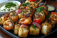 Grilled seafood skewers with scallops, shrimp, cherry tomatoes and red onions, garnished with fresh herbs and served with creamy dipping sauce on black plate.