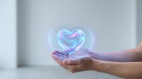 Hands cupping glowing neon heart symbol with blue and pink light effects representing love, care, healthcare, charity and emotional wellness concepts.