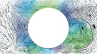 Watercolor nature frame with white circle space for text, featuring mountains, trees and organic elements in blue and green tones for design projects.