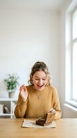 Young woman with light brown hair and fair complexion wearing mustard yellow ribbed sweater, smiling while holding empty wallet over wooden table in bright modern interior with window light.