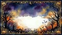 Halloween night sky frame with bare trees, pumpkins and bats creating spooky autumn border for seasonal greeting cards and party invitations.