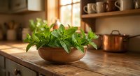 Fresh green basil herbs in wooden bowl on rustic kitchen counter with warm sunlight and copper cookware background for culinary cooking concepts.
