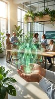 Hand holding glowing green eco lightbulb with leaf icons in sustainable office meeting room with diverse business team discussing environmental solutions.