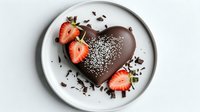 Heart shaped chocolate dessert with fresh strawberry halves and chocolate shavings on white plate, dusted with powdered sugar, romantic food styling.