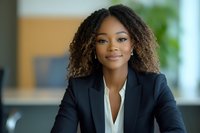 Young African American businesswoman with curly natural hair wearing black blazer and white blouse, smiling confidently in corporate office setting. Professional portrait.