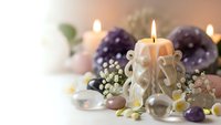 Healing crystals amethyst rose quartz with burning candles and flowers create peaceful meditation wellness spa atmosphere for relaxation and spiritual energy.