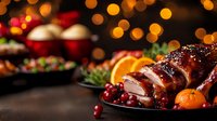 Glazed roasted duck with cranberries and citrus fruits on dark background with bokeh lights and holiday table setting, festive dinner atmosphere.