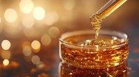 Golden honey dripping from glass dropper into jar with warm bokeh background, capturing sweet amber liquid in macro photography with soft lighting.