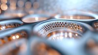 Metallic mesh surface with soft bokeh lights creating abstract industrial pattern in silver and copper tones, macro photography showing detailed texture and depth.