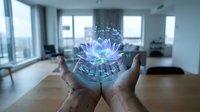 Hands holding holographic lotus flower with digital network connections in modern office space representing innovation and technology concepts.