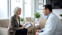 Senior Caucasian businesswoman consulting with male doctor in modern medical office, discussing health records on tablet during professional appointment.
