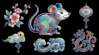 Colorful Chinese zodiac rat set with floral branch, lantern, clouds, and dragon elements, isolated on transparent background. Great for stickers, sublimation, t-shirt design, clipart.