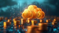 Golden cloud shape floating above stacked coins with digital rain effect and glowing particles against dark turquoise background, representing cloud computing and financial technology.