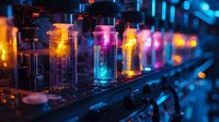 Laboratory test tubes with glowing colorful liquids in dark scientific research environment, illuminated by neon lights creating atmospheric bokeh effect.