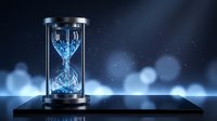 Futuristic digital hourglass with glowing blue sand particles on dark surface against starry night sky background for time management concepts.